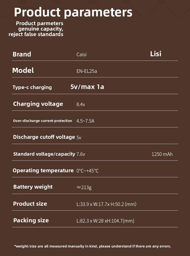 Caisi EN-EL25-TYPE-C Battery For Z30 and Z50 Camera