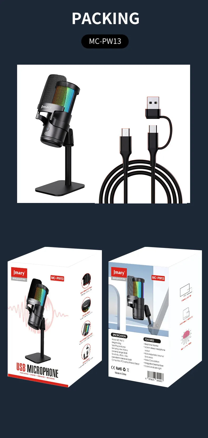 Jmary MC-PW13 RGB Plug & Play Desktop USB Microphone