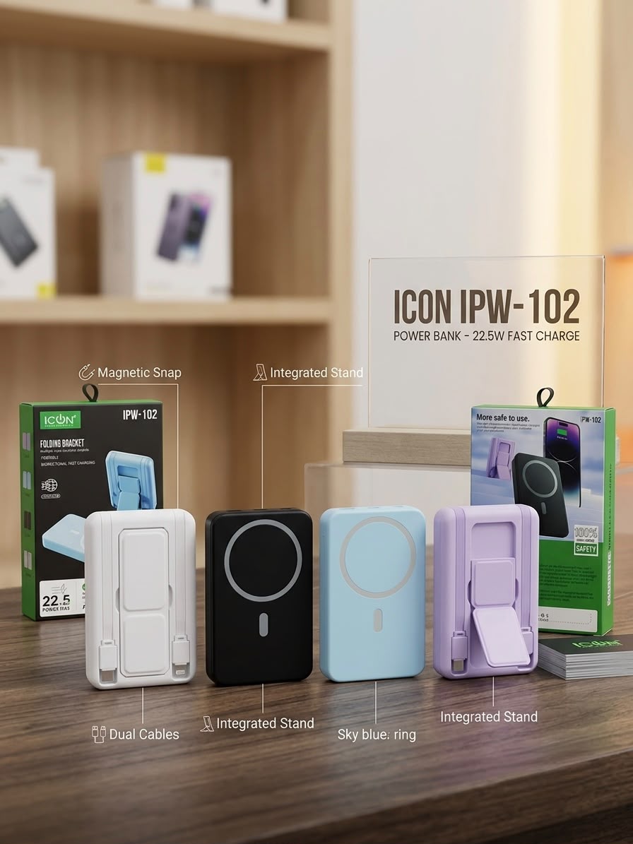 ICON IPW-102 Magnetic Wireless Power Bank 10000mAh 22.5W Fast Charging with Mobile Holder & Digital Display