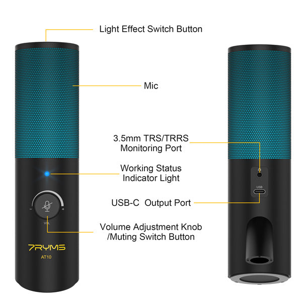 7RYMS AT10 RGB Cardioid Condenser Microphone – USB Studio Mic with RGB Lighting for Streaming & Podcasting