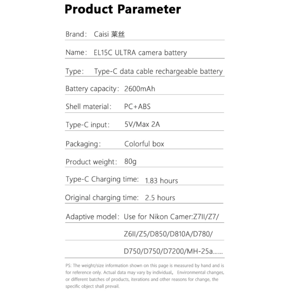 Caisi CS-EN-EL15C ULTRA 2600mAh Type-C Battery for Nikon – Rechargeable Camera Battery