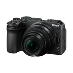 Black Nikon camera on a white background