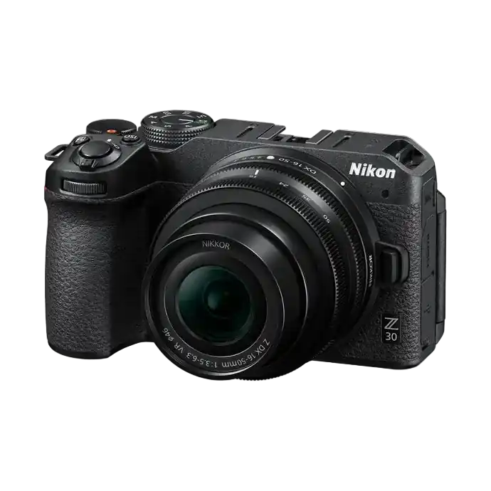 Black Nikon camera on a white background